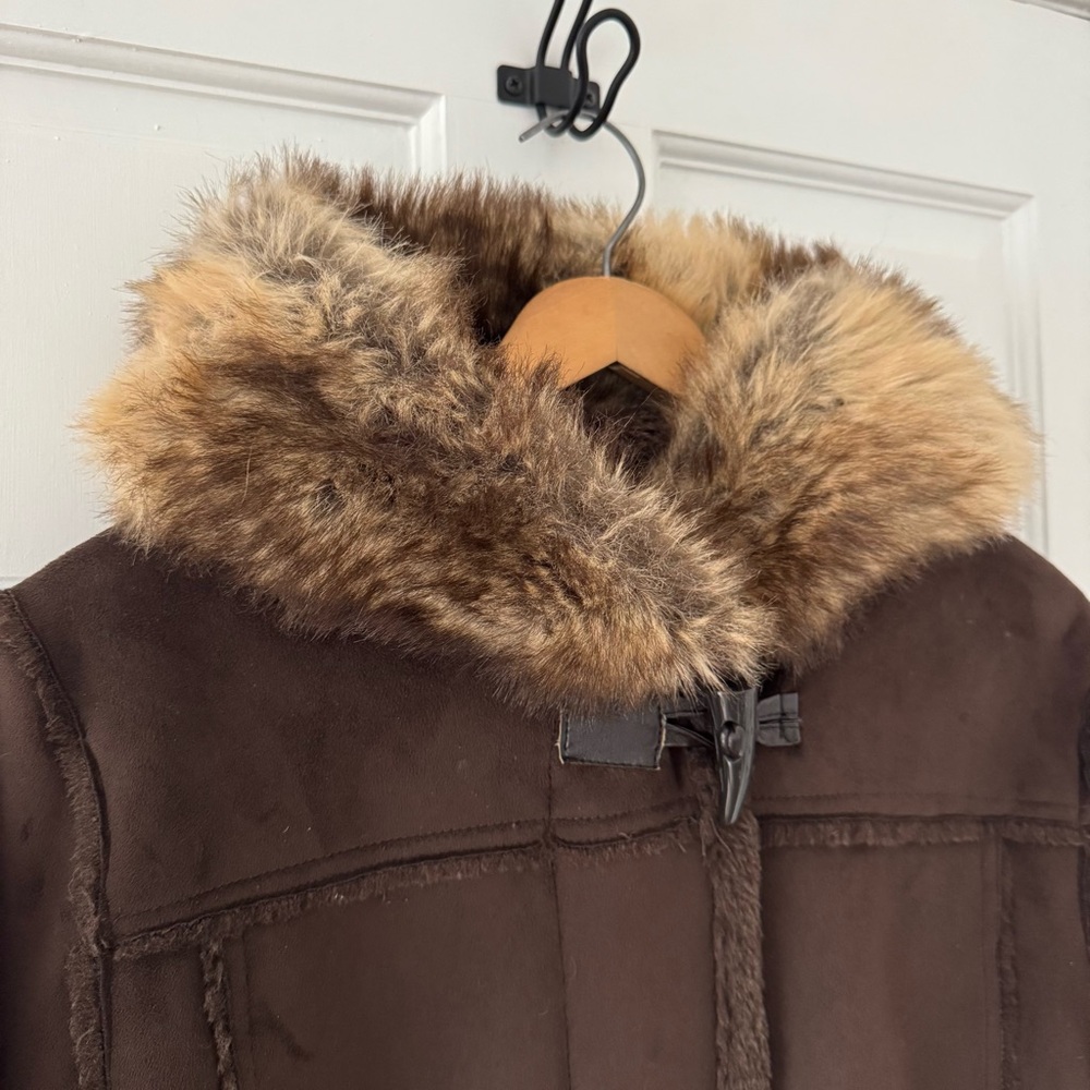 Chocolate Brown Faux Fur Trimmed Women's Pea Coat - Picture 3 of 4